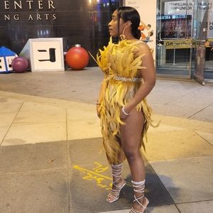 Gold feather one shoulder rhinestone dress.